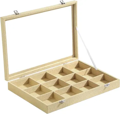 Zdjęcie produktu dla Organizer do przechowywania biżuterii - pudełko do przechowywania - 12 przegródek, szklana pokrywa - 34x24x5 cm - żółty
