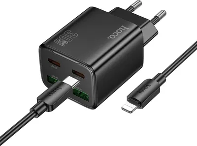 Produktbild von Hoco Ladegerät 30W USB-C + USB-A Netzteil | Schnellladegerät PD QC 3.0 | Handy Ladegerät schwarz für iPhone & Samsung Smartphone Ladeadapter inkl. Lightning Ladekabel