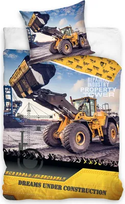 A bedding set featuring construction vehicles like excavators and trucks, with a sky and construction site background.