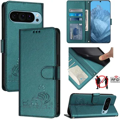 Produktbild von Leder Hülle für Google Pixel 9 5G Süße Katze Flip Case Brieftasche Schutzhülle mit Standfunktion Grün