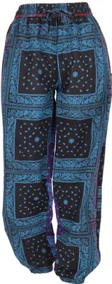 Zdjęcie produktu dla Luźne spodnie typu aladyn, bawełniane spodnie w stylu boho, spodnie z nadrukiem, spodnie do jogi – niebieskie, damskie, bawełniane, rozmiar: M