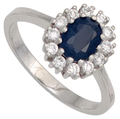 Produktbild von Ring Damenring Safir Saphir blau & Zirkonia rundum weiß 925 Silber oval Innenumfang 52mm Ø16.6mm