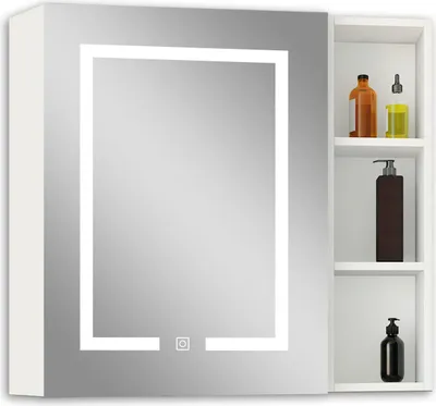 Image de Acezanble Armoire Miroir Salle de Bain LED avec Prise Rasoir, 70x40cm, Anti-Buée et 3 Tons LED, avec armoire latérale, blanc