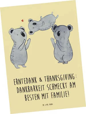 Produktbild von Mr. & Mrs. Panda Postkarte Erntedankfest & Thanksgiving - Gelb Pastell - Geschenk, Familie, Freude teilen, besondere Anlässe, Dankbarkeit, Grußkarte, Ansichtskarten