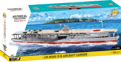 The image shows the packaging for a Cobi Historical Collection World War II IJN Akagi Aircraft Carrier model kit.