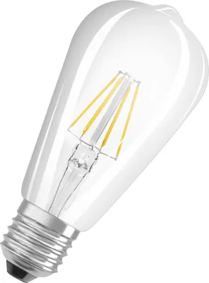 A clear, well-lit studio shot of an LED filament light bulb against a white background.