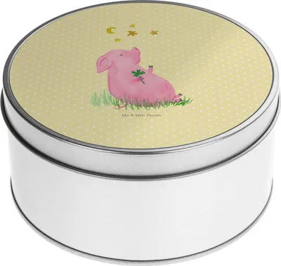 Produktbild von Mr. & Mrs. Panda Metallbox Schwein Glück - Gelb Pastell - Geschenk, Dose, Motivation, Schweinchen, Glücksbringer, Vorratsdose, Sterne, Vorratsdosen, gebäckdose, Ziele