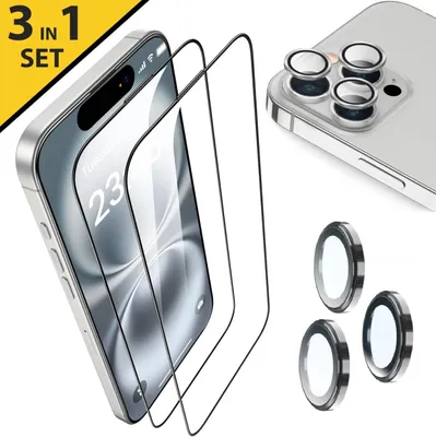 A product shot of screen protectors and camera lens protectors for an iPhone 14 Pro, with a yellow graphic overlay.