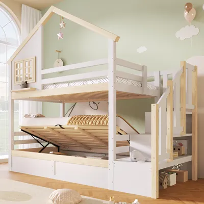Immagine prodotto di Letto a castello Merax 90x200 cm, letto per bambini in legno di pino con vano contenitore idraulico, sponde di protezione, scaletta per il vano contenitore, design a forma di casetta e finestre, bianco+naturale