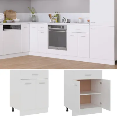 A white kitchen cabinet unit with a drawer and two doors, shown both closed and open to reveal shelves.