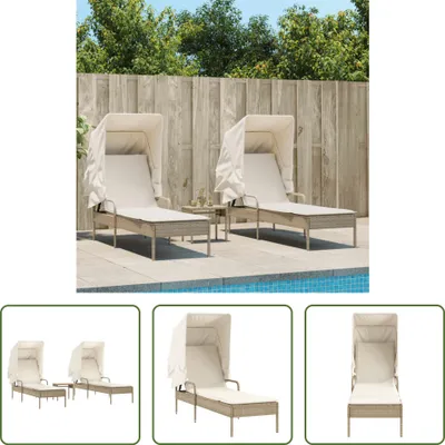Produktbild von The Living Store Sonnenliegen 2 Stk. mit Dach und Tisch Beige Poly Rattan