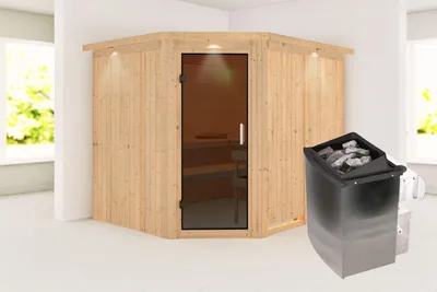 Produktbild von Karibu Sauna Innensauna Malin Eckeinstieg Ofen 9 kW integr. Strg 245x210x202 cm mit Dachkranz mit Graphittür