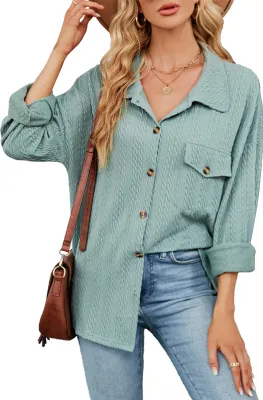Produktbild von ASKSA Damen Bluse Langarm Musselin Einfarbig Revers Knoepfen Hemd Elegant Casual Locker Hemdbluse mit Taschen (Gruen,M)