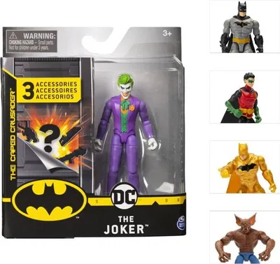 The image shows a packaged action figure of The Joker, with other DC characters shown in smaller inset images on the right.