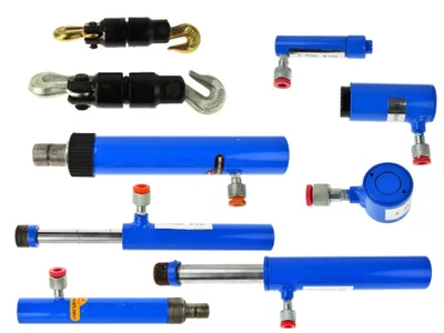 A collection of hydraulic cylinders and related components, mostly blue, arranged on a white background.