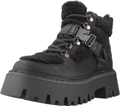 A black Buffalo boot with a thick platform sole and faux fur trim.