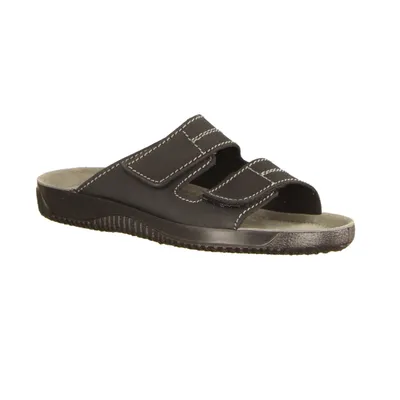 A single black sandal is shown against a white background.