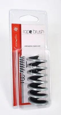 Rope Brush Seilbürste von Edelweiss; verpackt in einer transparenten Blisterverpackung; mit einer spiralförmigen Bürste und einer zusätzlichen kleinen Bürste.