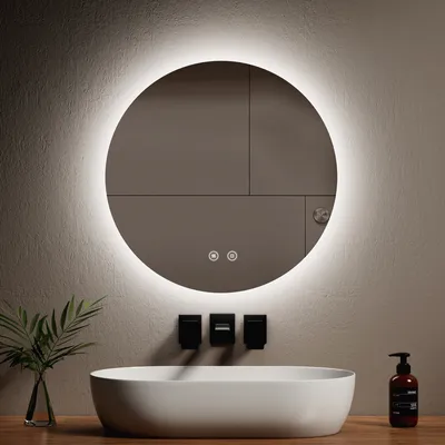 Zdjęcie produktu dla Lustro łazienkowe EMKE LED okrągłe z zimnym białym oświetleniem Lustro łazienkowe 60 cm z bezmgielnym, ściemnianym lustrem ściennym LED z przełącznikiem dotykowym IP44 energooszczędne