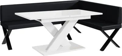 Produktbild von MEBLINI Eckbank für Esszimmer mit ausziehbarem Tisch  - Küchenbank - Essecke - Sitzecke Küche - ERIC - X-Beine 142x196x87cm Rechts - Schwarz Kunstleder/B Weiß Hochgl.