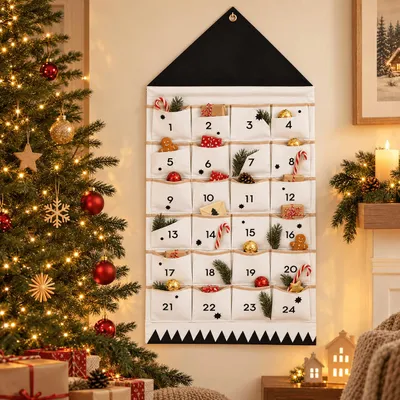 Produktbild von Adventskalender zum Aufhängen, 24 Taschen Stoff, befüllbar, Weihnachtsdeko, wiederverwendbar