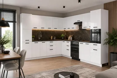 Produktbild von ULWEHOME | Eckküche 580 cm Weiß Hochglanz, Küchenmöbel-Set L-Küche mit Vorratsschrank, Backofen-Hochschrank & geteilten Arbeitsplatten 320 cm, KI-generiertes Bild