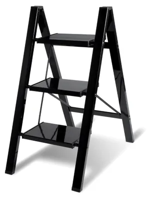 Produktbild von Trittleiter, Haushaltsleiter 3 Stufen klappbar, Aluminium Tritthocker, rutschfeste Leiter mit Klappsicherung, belastbar bis 150 kg, Schwarz