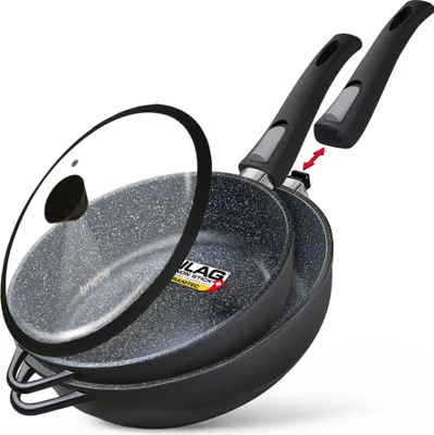 Produktbild von Briebe MGK19S Pfannenset Induktion Abnehmbare Griffe 2-Teilig Pfannen Tiefe 24cm, 28cm Deckel Schwarz