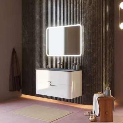 Produktbild von Schwebendes Badezimmermöbel 100 cm mit glänzend weißen Schubladen und schwarzen Waschbecken | Hollywood