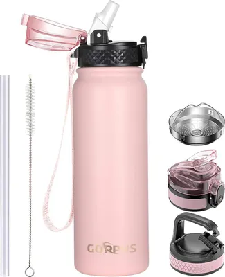 Produktbild von Famanu Wasserflasche 600 ml mit Strohhalm - Isolierte Doppelwand, auslaufsichere Thermosflasche für Sport