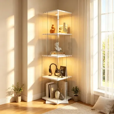 Produktbild von INONEFT Glasvitrine mit LED, Vitrinenschrank mit 4-stufigen Einlegeböden, Sammlervitrine mit drehbarer Sockel, für Sammlerstücke Wein, Weiß