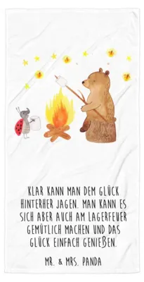 Produktbild von Mr. & Mrs. Panda Strandtuch Bär & Marienkäfer Lagerfeuer - Weiß - Geschenk, Strandlaken, Badehandtuch, Duschtuch, Teddy, Duschhandtuch, Handtuch