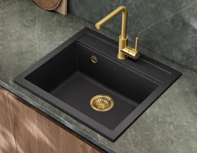 Produktbild von Helika® Granitspüle QUADRO 56 x 51 cm Schwarz inkl. Goldventil und Siphon, Einbau