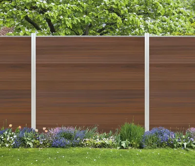Produktbild von WPC Sichtschutzzaun Roma Line 4 x Zaunfeld teak und 5 x Alu-Pfosten eloxiert zum Einbetonieren