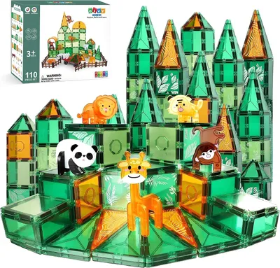 Productafbeelding van Olvy Magnetische bouwstenen, 110 stuks, Montessori speelgoed, magnetische tegels voor kinderen - magnetische bouwstenen - magnetisch constructiespeelgoed, jungle thema, Magna