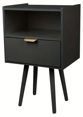 Immagine prodotto di Comodino compatto nero con struttura in legno, cassetto e vano aperto, dimensioni 42x30x65 cm