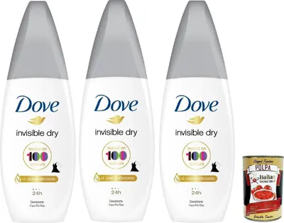 Produktbild von Dove Deodorante Vapo Invisible Dry mit Feuchtigkeitscreme, Deodorant Kein Gas 24h - Deo 3x 75ml + Italian Gourmet polpa 400g