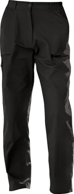 A pair of black women's trousers shown front-on against a white background.