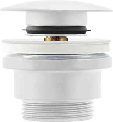 A close-up, studio shot of a white sink drain stopper assembly against a white background.