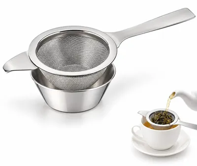 Produktbild von Edelstahl Teesieb - Feinmaschig mit Abtropfschale - Für losen Tee und Kaffee