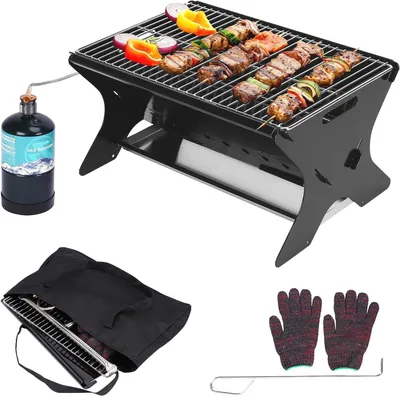 Zdjęcie produktu dla Przenośny grill gazowy - Mobilny grill - Gotowanie na świeżym powietrzu - Zasilanie gazowe i węglem drzewnym - Wymiary: 46 x 32 x 25 cm