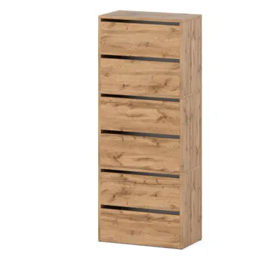 A tall, narrow shoe cabinet with five drawers, made of wood-like material with black accents.
