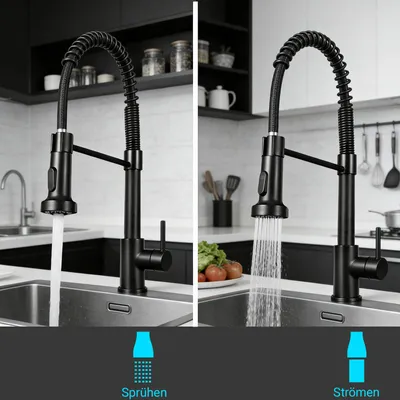 Produktbild von Aica Küchenarmatur Federzug Ausziehbar Brause Spültischarmatur Wasserhahn 2 Strahlarten 360° Schwenkbar Edelstahl Schwarz matt