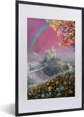 Produktbild von MuchoWow® Gerahmtes Poster Eine Illustration eines Regenbogens auf einem rosa Hintergrund 40x60 cm - Poster mit Schwarzem Bilderrahmen Wandposter Rahmen Foto Bilder - Poster in Rahmen