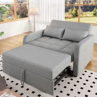 Zdjęcie produktu dla Wielofunkcyjna rozkładana sofa-łóżko z regulowanym oparciem, oferująca 3 kąty nachylenia i powierzchnią spania o wymiarach 180x110 cm, dwuosobowa sofa z obiciem z lnu i wysokiej gęstości pianką, wymiary: 127x75x94 cm, kolor: szary