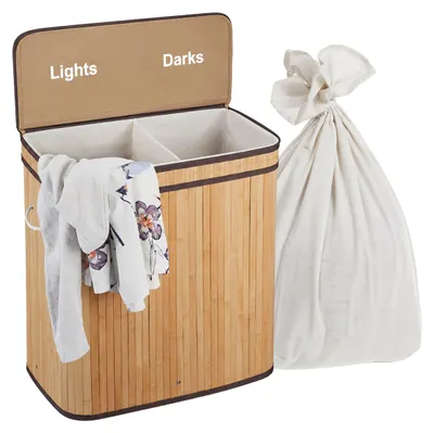 Produktbild von Relaxdays Wäschekorb mit Deckel, 2 Fächer, Bambus, 100 l, faltbar, HxBxT: 60 x 52 x 32 cm, Wäsche Sortiersystem, natur