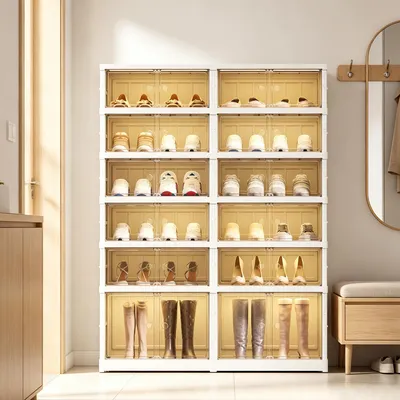 Produktbild von MODFU Schuhschrank Weiß,6-stöckig für 24 Paar Schuhe, Schuhkipper mit Stiefelbereich, faltbar mit Magnettür, Schuhregal aus PP-Kunststoff