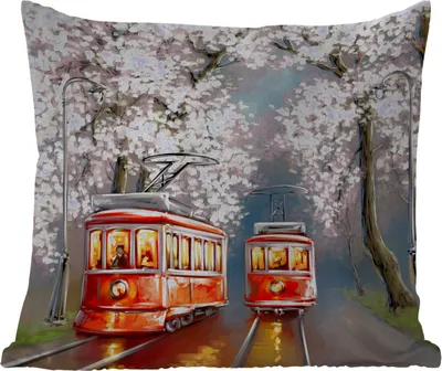 Produktbild von MuchoWow® Outdoor Kissen - Gemälde - Ölgemälde - Straßenbahn - Blühender Baum - 40x40 cm - Wetterfest - Lounge Kissen - Kopfkissen - Interieur - Polster mit Bild