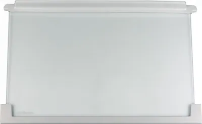 A white refrigerator glass shelf with gray plastic trim on a white background.