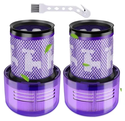 Two vacuum cleaner filters and a cleaning brush are displayed against a white background.